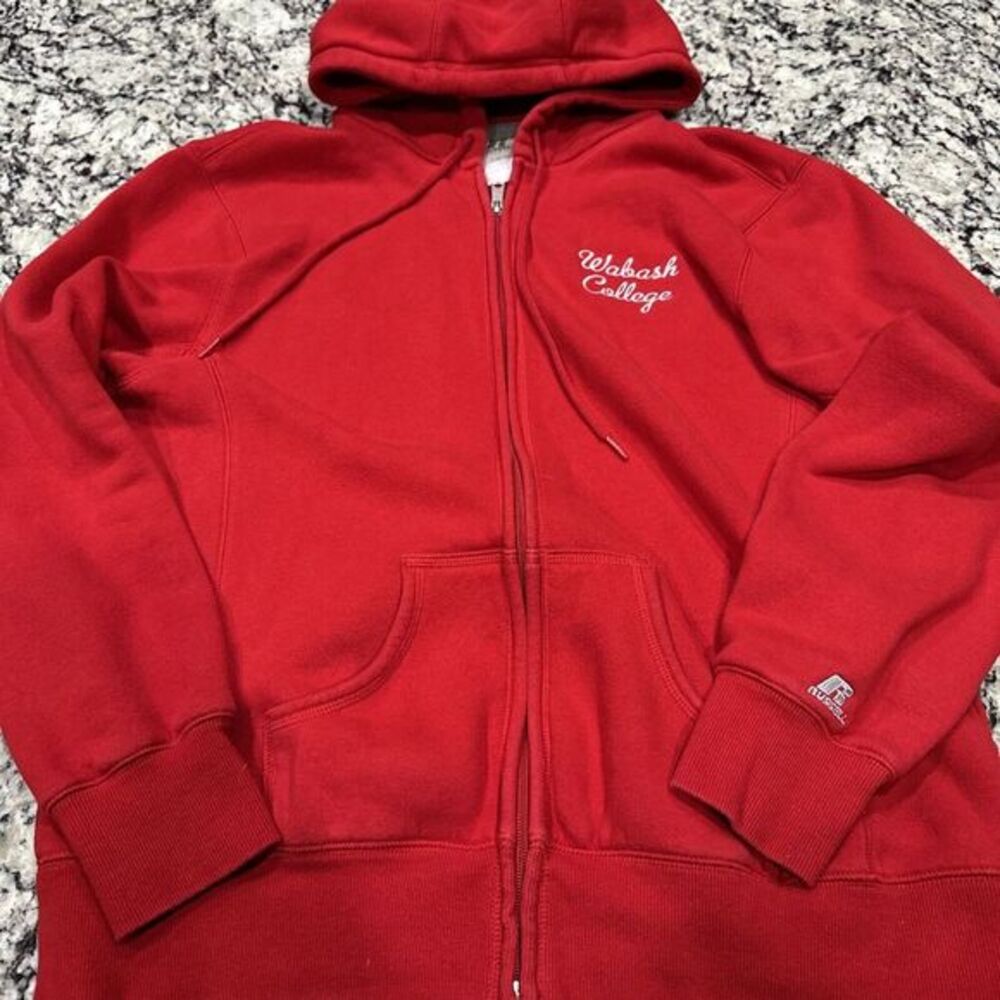 VINTAGE WABASH COLLEGE HOODED ZIP SWEATSHIRT HOODIE RED WITH WHITE LETTERING L‎